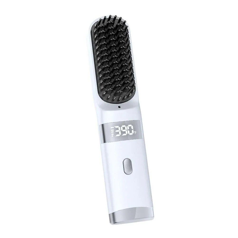 White cordless straightening brush with LCD screen and ceramic teeth