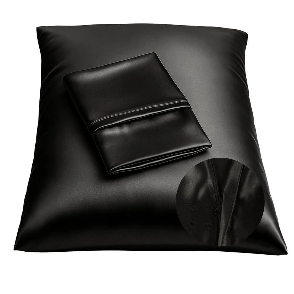 Two black satin pillowcases with hidden zipper closures, standard size, smooth glossy finish