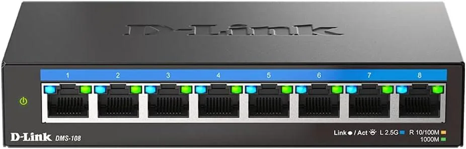 Black metal network switch with eight ports