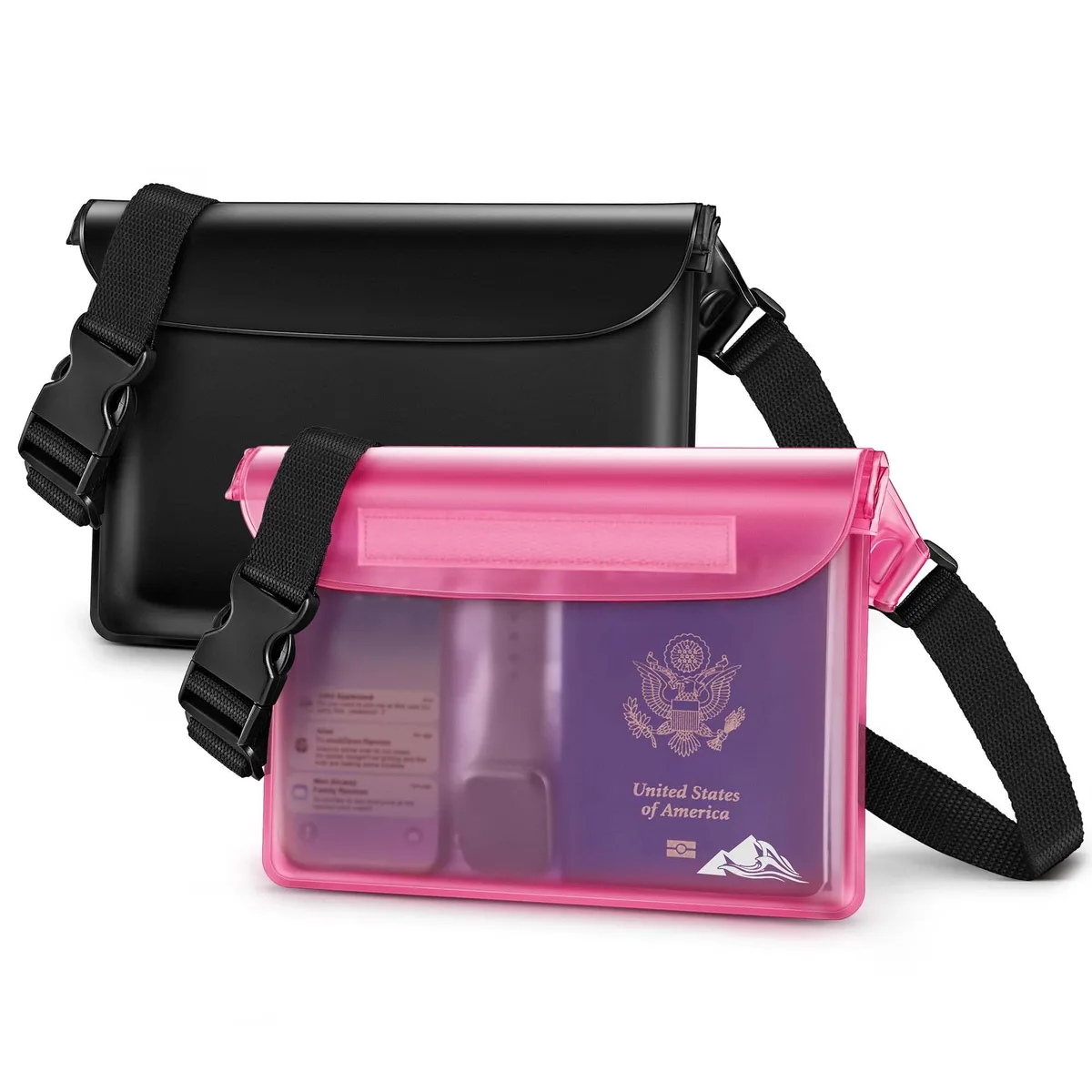 Two black waterproof PVC pouches with hook-and-loop closures and adjustable straps