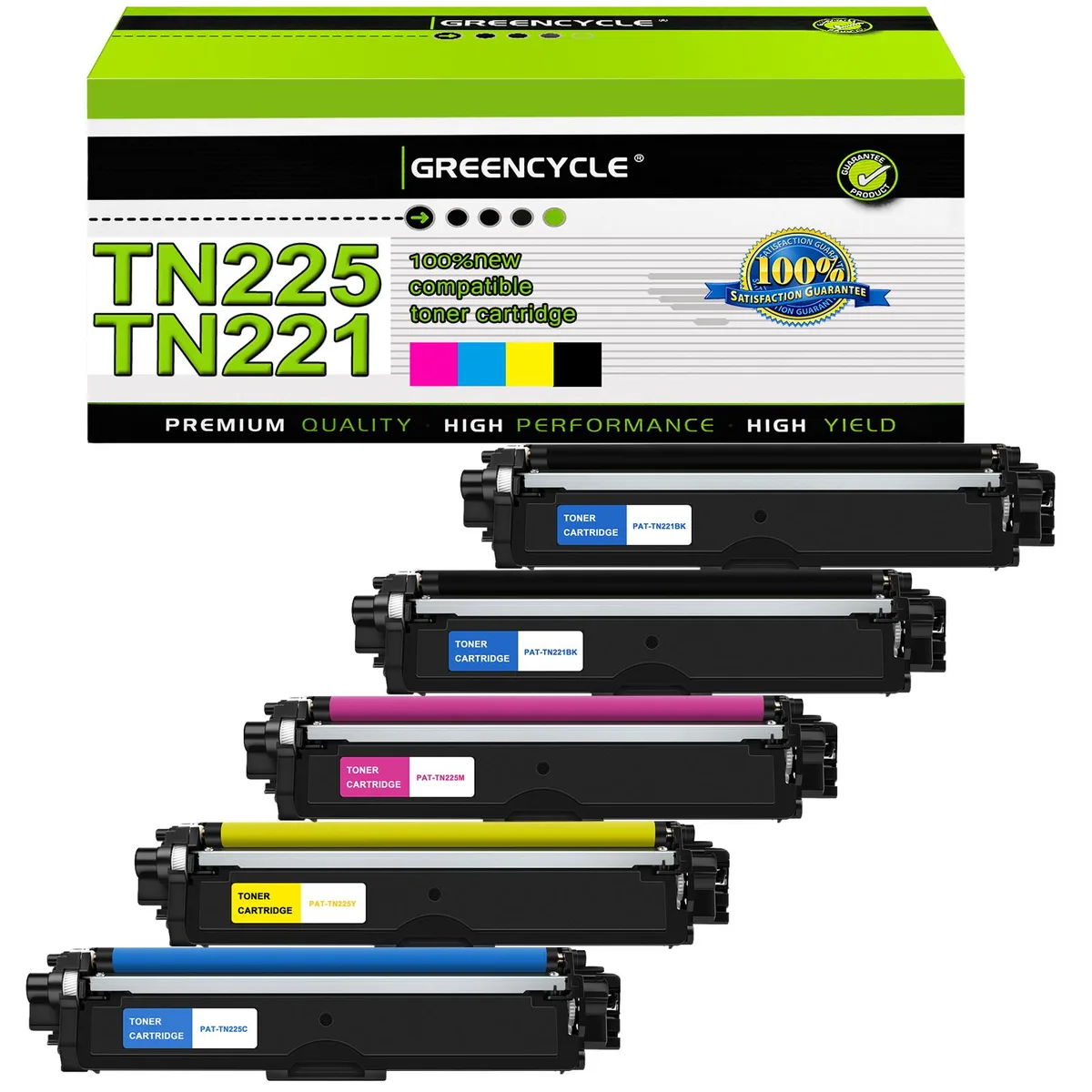 GREENCYCLE GREENCYCLE TN225 5-pack toner cartridge kit (2×TN221 black, 1×TN225 cyan, 1×magenta, 1×yellow) — product photo