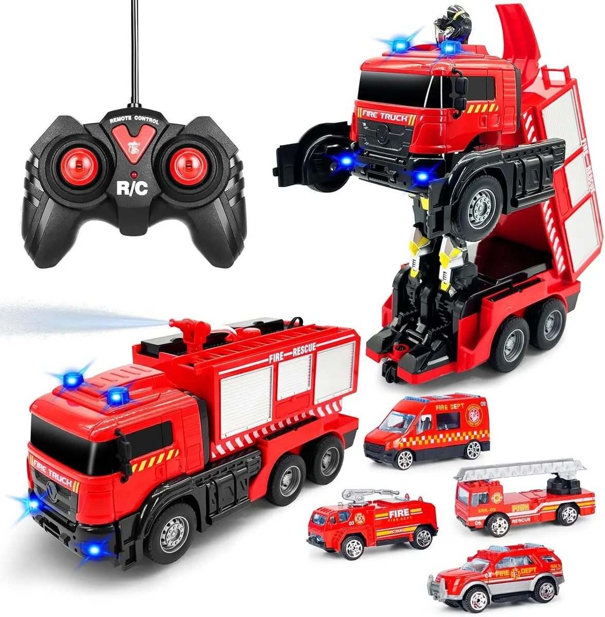 usbroway usbroway RC Fire Truck Set with 3 Mini Trucks and 10 Roadblocks — product photo