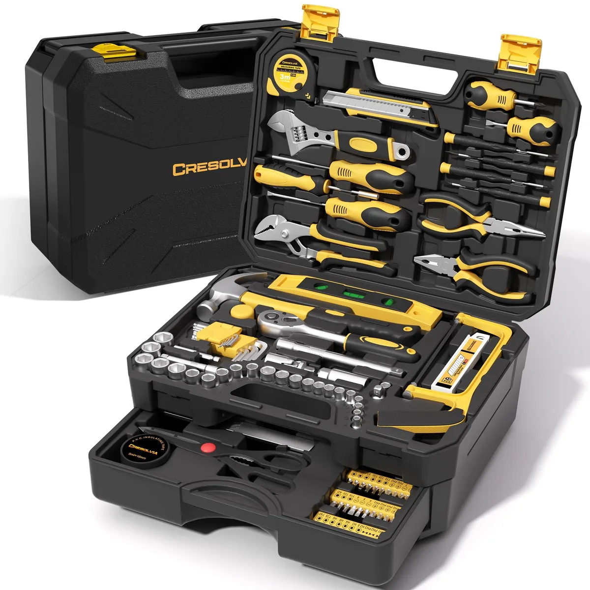 Black plastic toolbox with drawer, 16.3 by 11.8 by 6.3 inches, 328-piece set inside