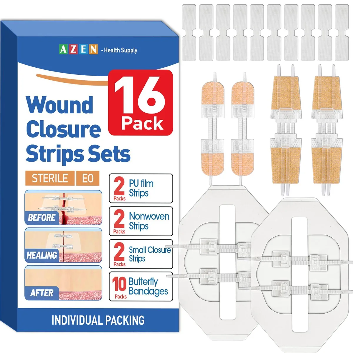 White box containing sixteen wound-closure strips in four styles, individually sealed