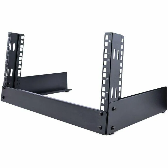 Black steel open frame 2-post rack, four vertical slots, floor standing, compact footprint