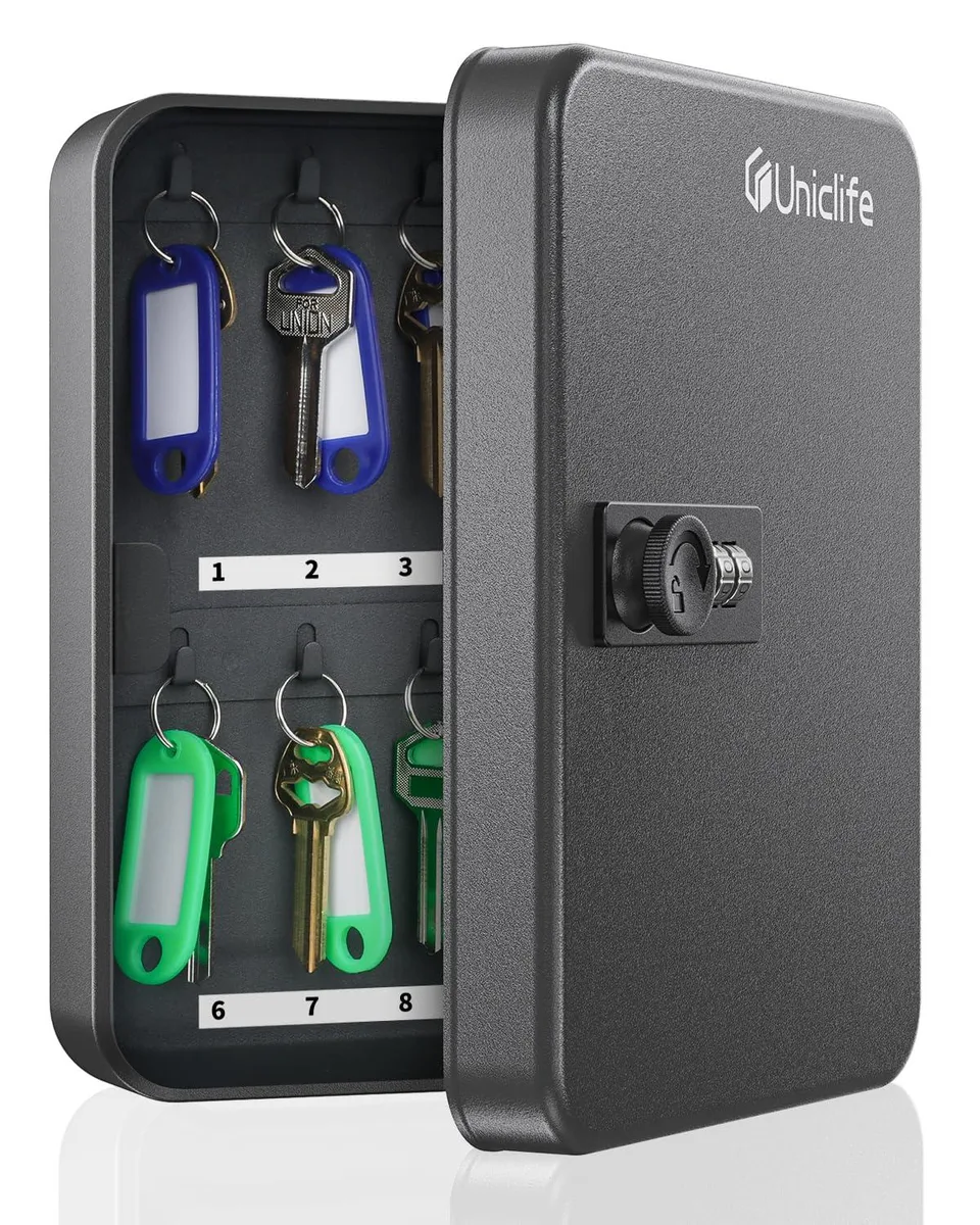 Black steel wall-mounted key cabinet with combination lock and 20 hooks