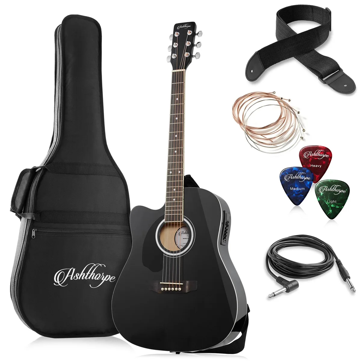 Ashthorpe Ashthorpe Left-Handed Dreadnought Cutaway Acoustic-Electric Guitar 41" 4.5" Black — product photo