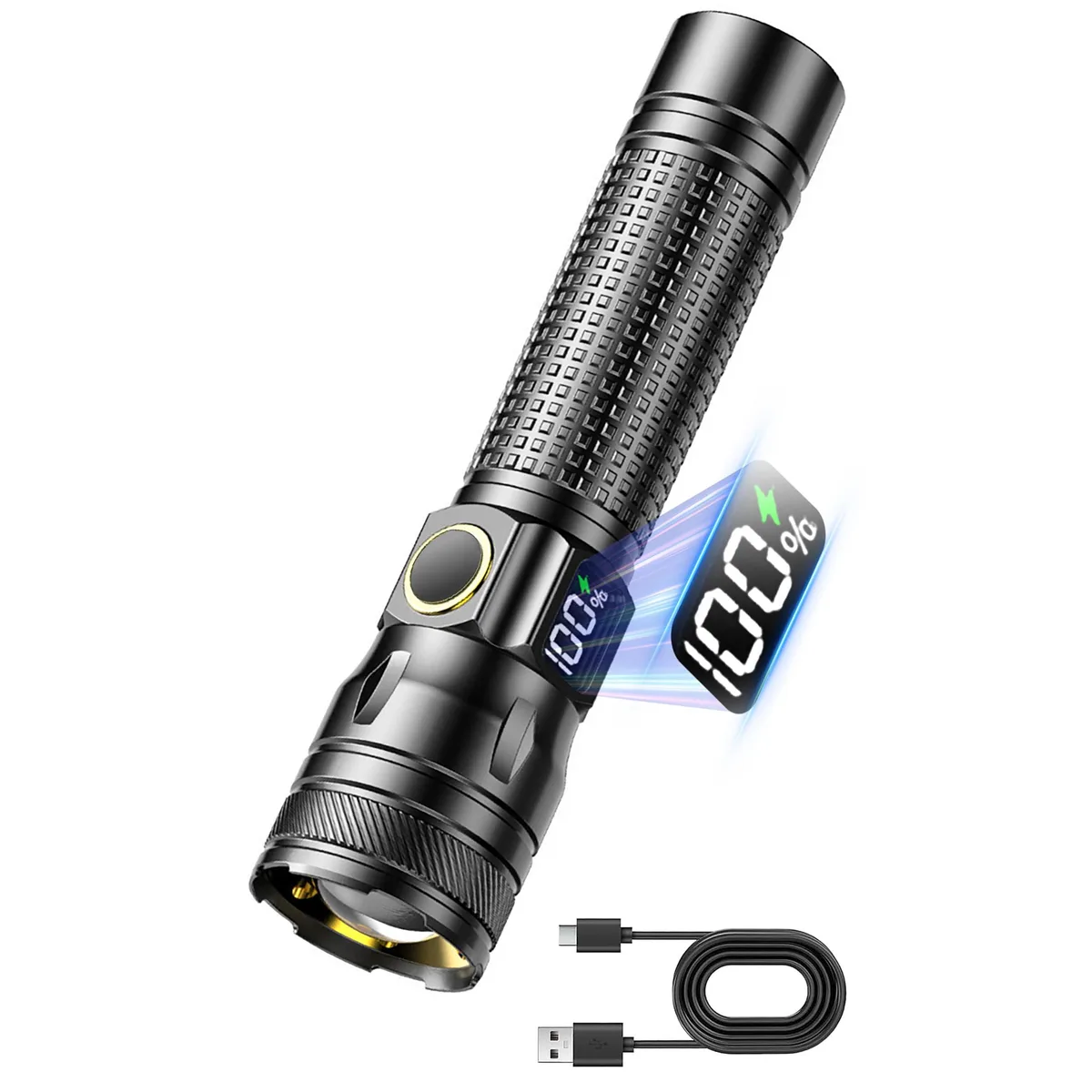 Compact aluminium flashlight with digital power display and USB-C port
