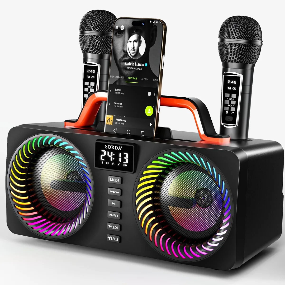  SORDA SD-218 Karaoke System 80W 2 Wireless Mics Bluetooth5.3 4000mAh 12H — product photo