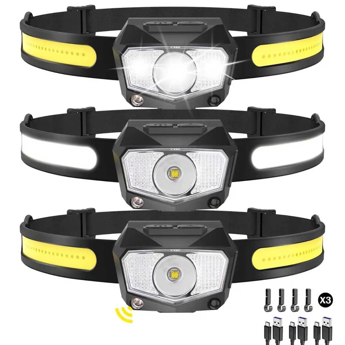 Three compact grey headlamps with wide COB strips and adjustable straps
