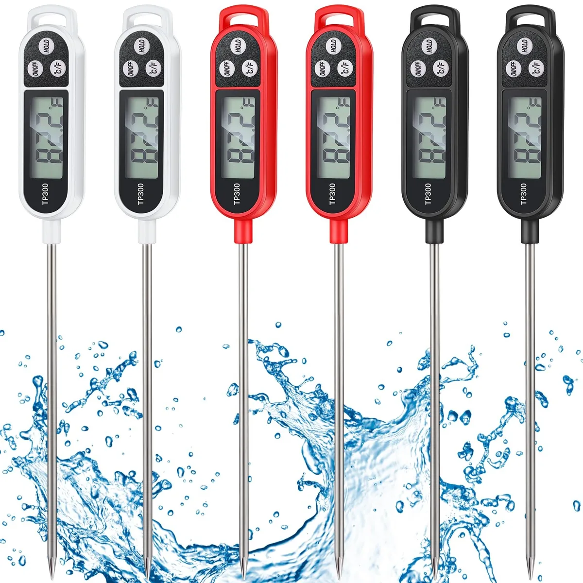 Six digital meat thermometers, long stainless probes, black white red bodies, 9.65 by .98 inches