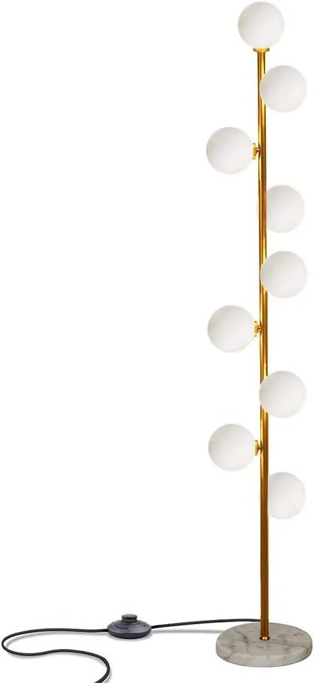Mid-century floor lamp with nine G4 bulbs on slender arms, weighted marble base, foot pedal switch