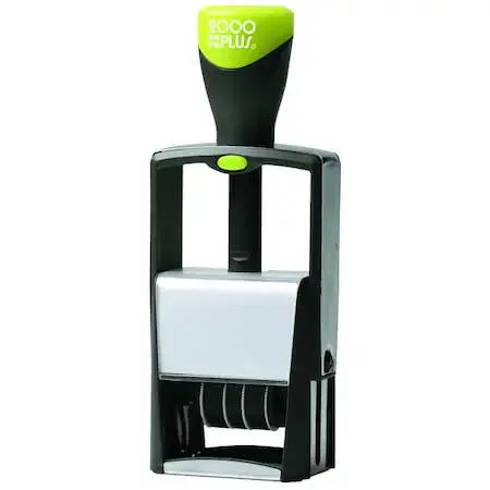 Rectangular metal self-inking date stamp with adjustable bands
