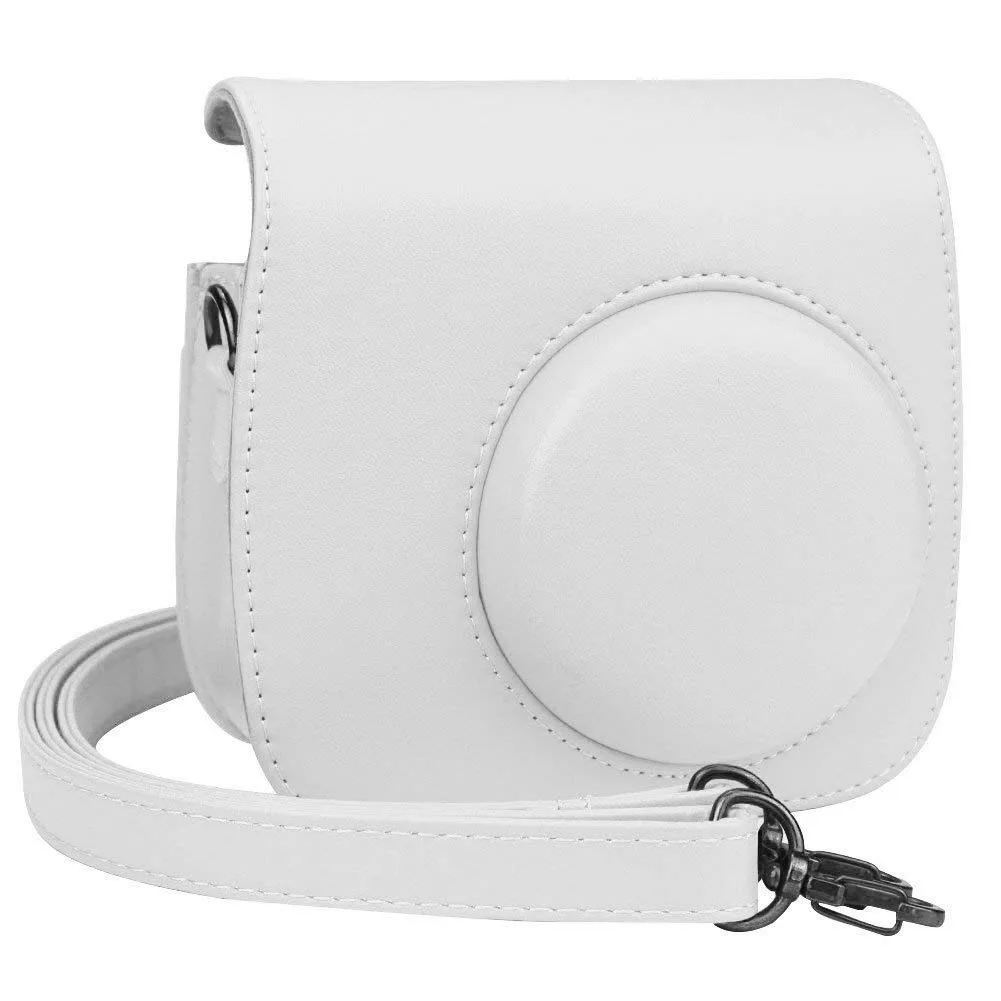 White PU leather camera case for Fujifilm Instax Mini 8/9 with removable strap