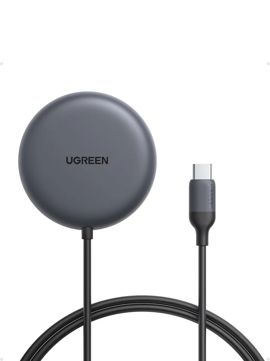 White circular charging pad with integrated cable, magnetic alignment ring visible on top surface