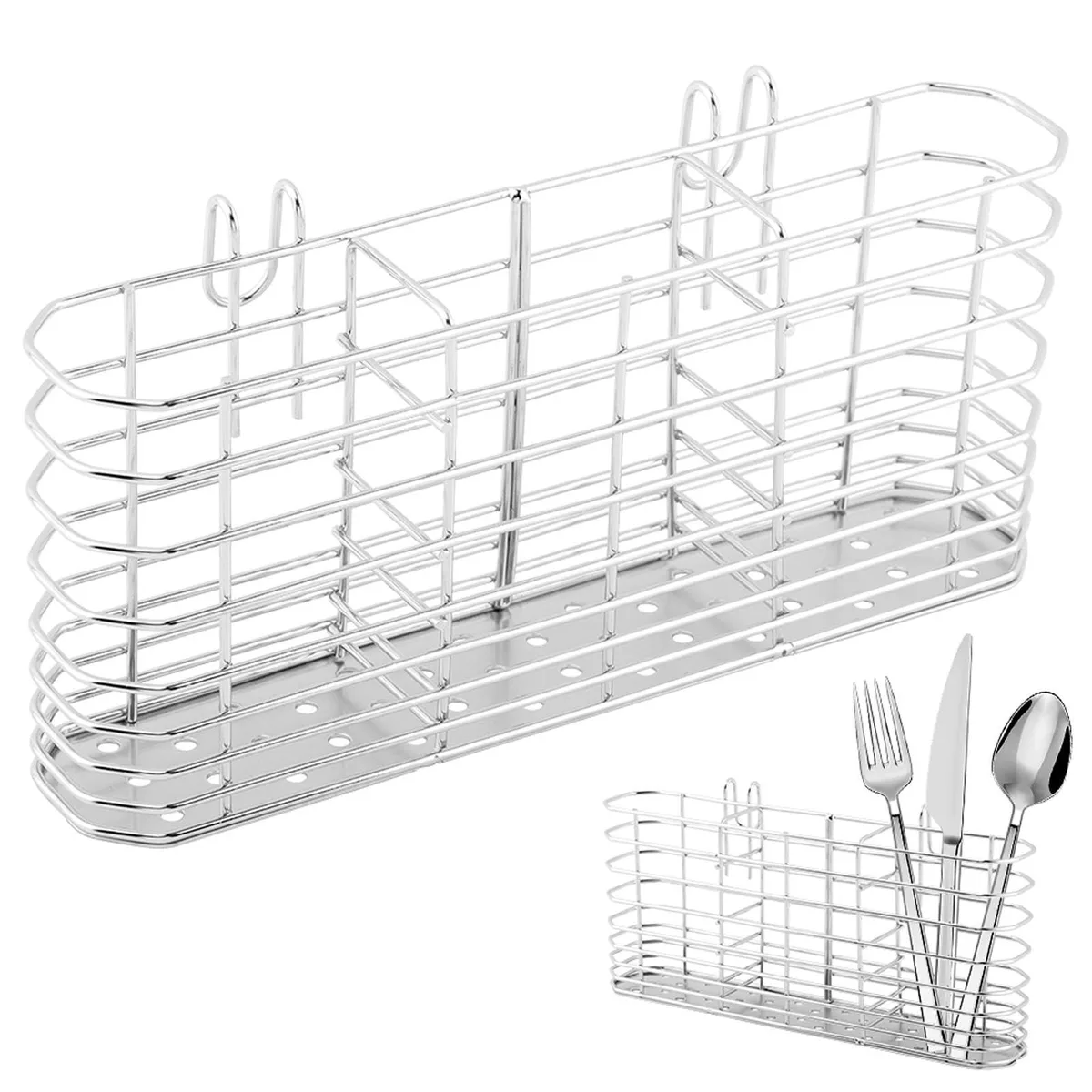 Rectangular 304 stainless steel utensil rack with three compartments and rear hook