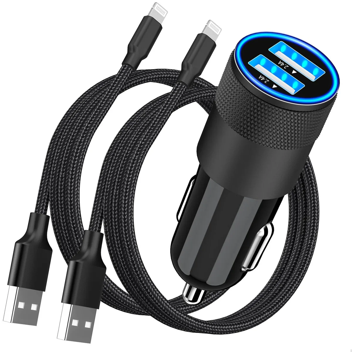 Two white car chargers with dual USB ports and two braided lightning cables