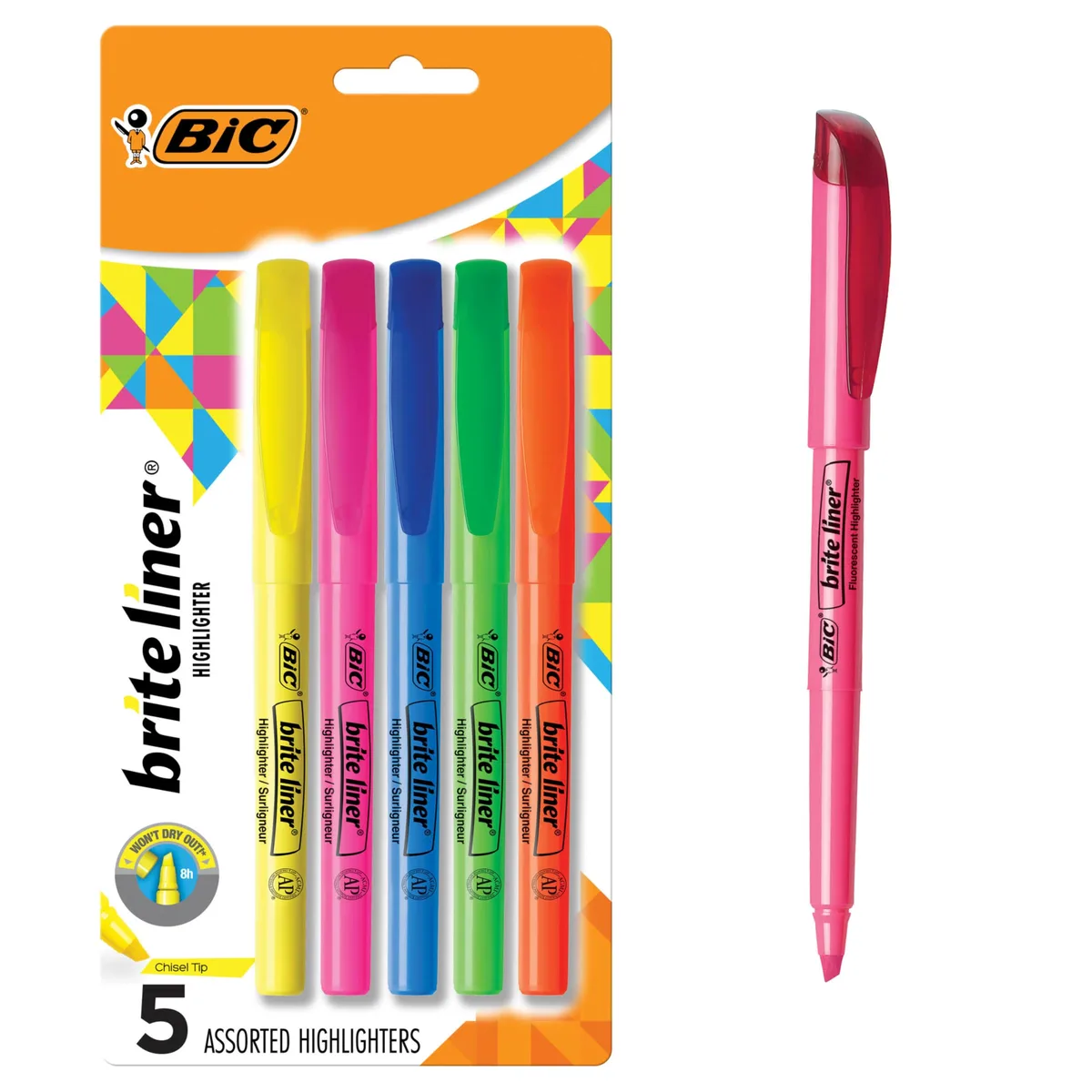 Pack of five cylindrical highlighters in assorted fluorescent colours with chisel tips and pocket clips