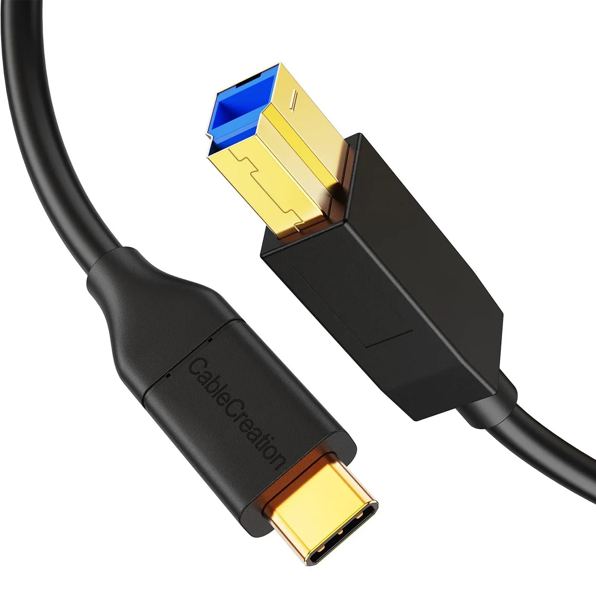 Black 4-foot USB-C to USB-B 3.1 cable with gold-plated male connectors