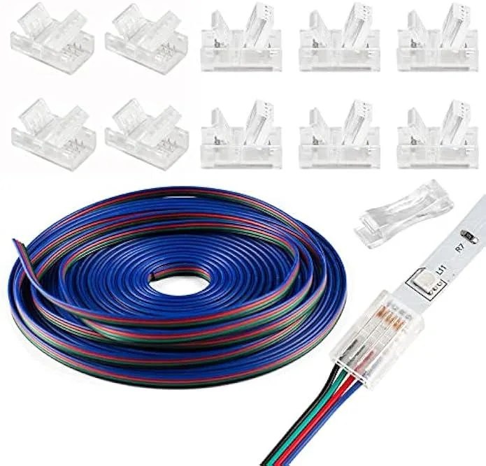 TAURKENAM TAURKENAM 4-Pin RGB LED Strip Connector Kit 10 pcs 16.4 ft Extension Cable 10 mm Power Adapter — product photo
