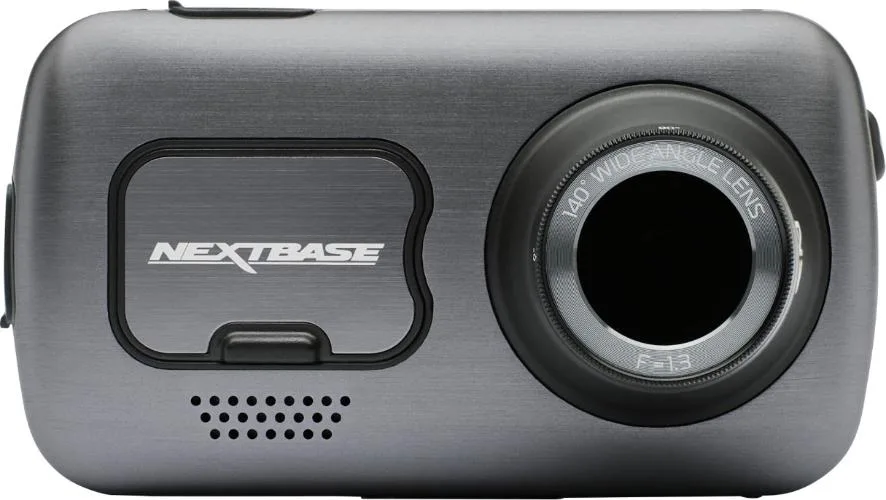 Silver rectangular dash cam with a circular lens and flat display screen