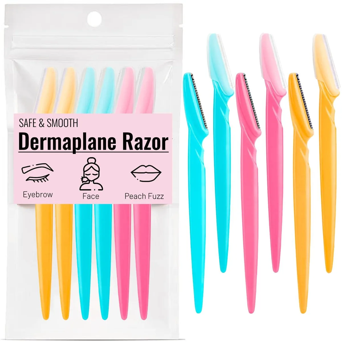 Six small eyebrow razors in mixed colours with slim handles and a storage case