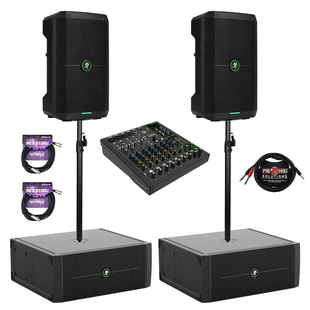 A slim black subwoofer with briefcase handle, two battery-powered speakers, and a compact mixer
