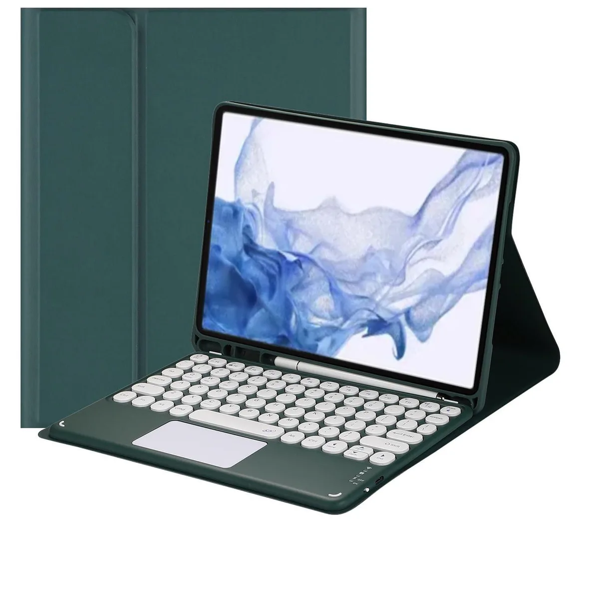 Dark green tablet case with detachable backlit keyboard and touchpad