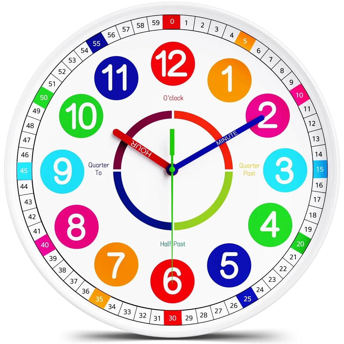 White analog wall clock 20.0 in diameter with colorful numbers and silent sweep movement