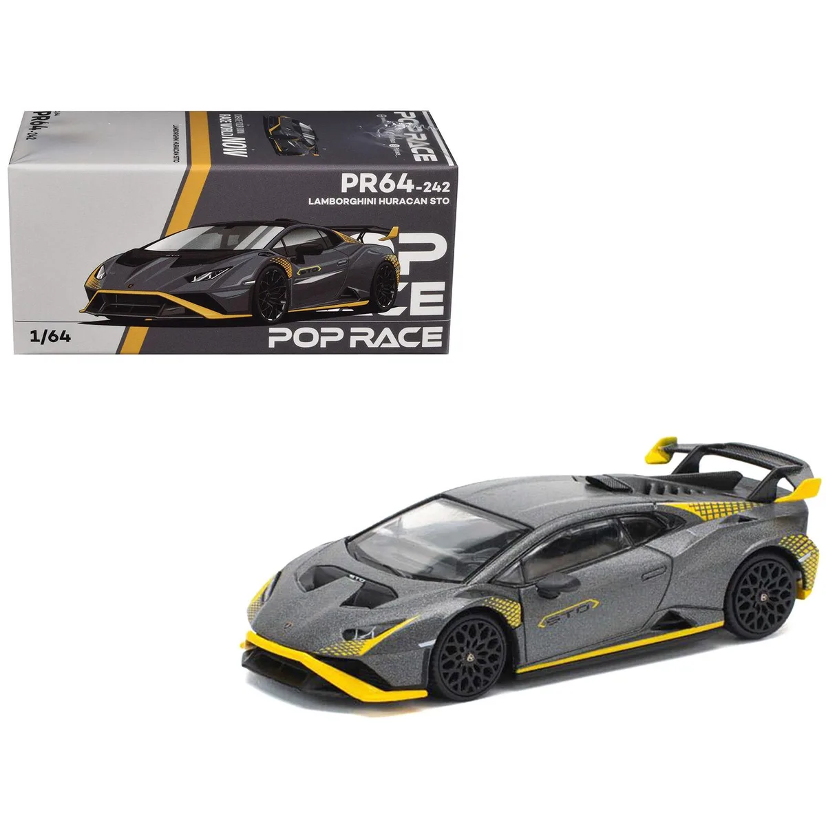 Pop Race Pop Race Lamborghini Huracan STO Matt Gray Metallic Yellow Accents 1/64 Diecast Car — product photo