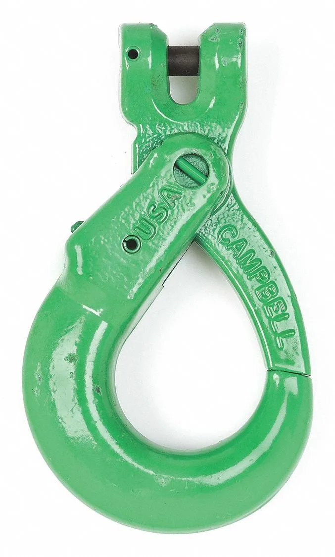 Green powder-coated alloy steel self-locking hook with clevis attachment