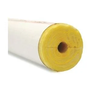 Tan fiberglass pipe insulation tube with slit adhesive flap and ASJ facing