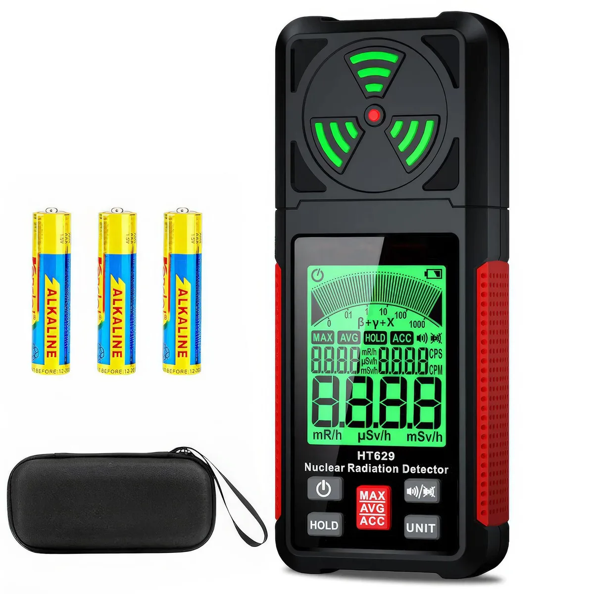 Handheld Geiger counter with backlit LCD screen