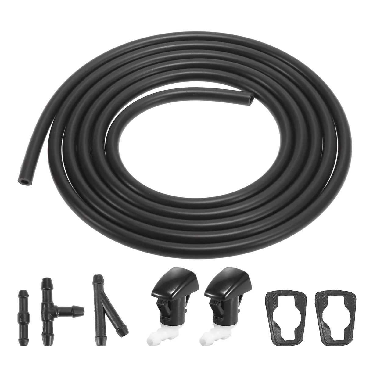 Black plastic windshield washer nozzles kit with 2m hose and three connectors