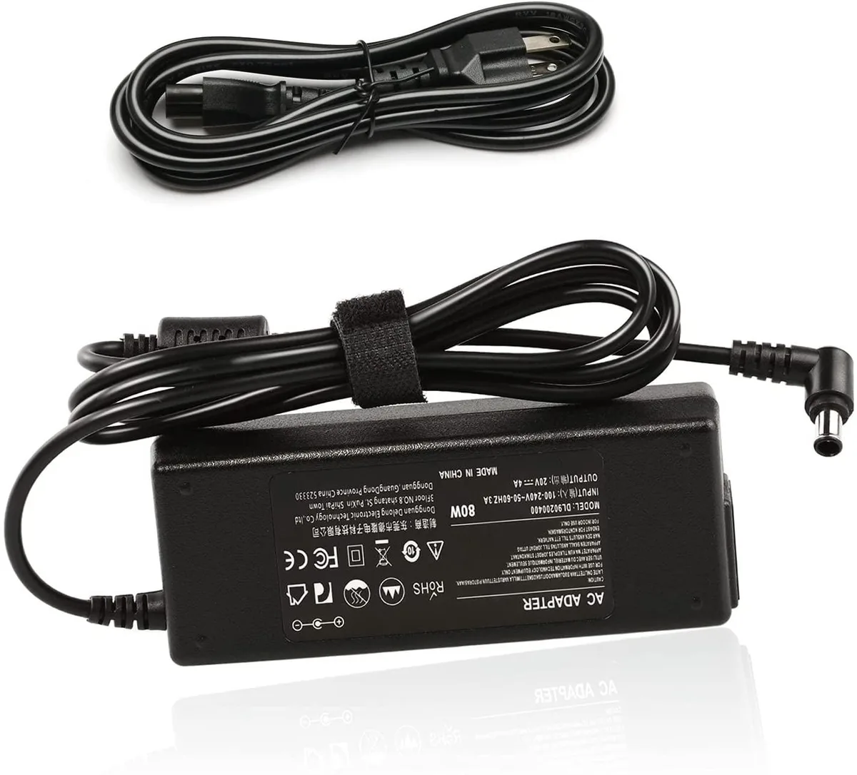 Rectangular black power brick with three-prong plug and barrel connector cable
