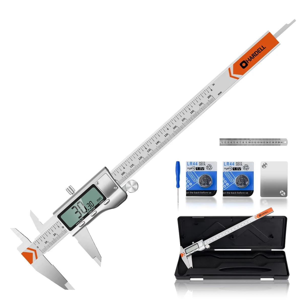 Stainless steel digital caliper with large LCD screen, 8 inch range, metal jaws and depth probe