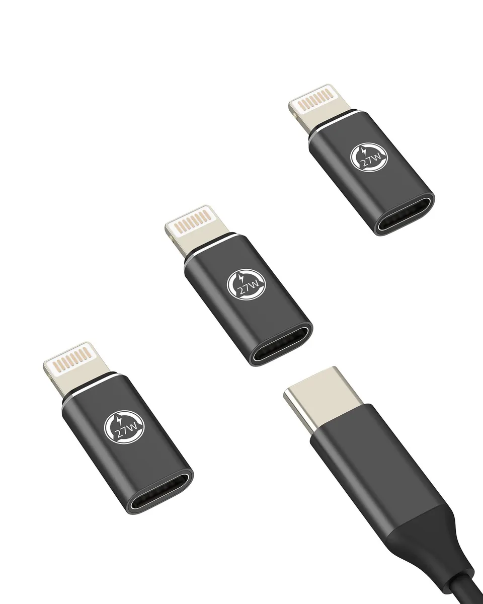 Three small USB-C female to Lightning male adapters with aluminum finish