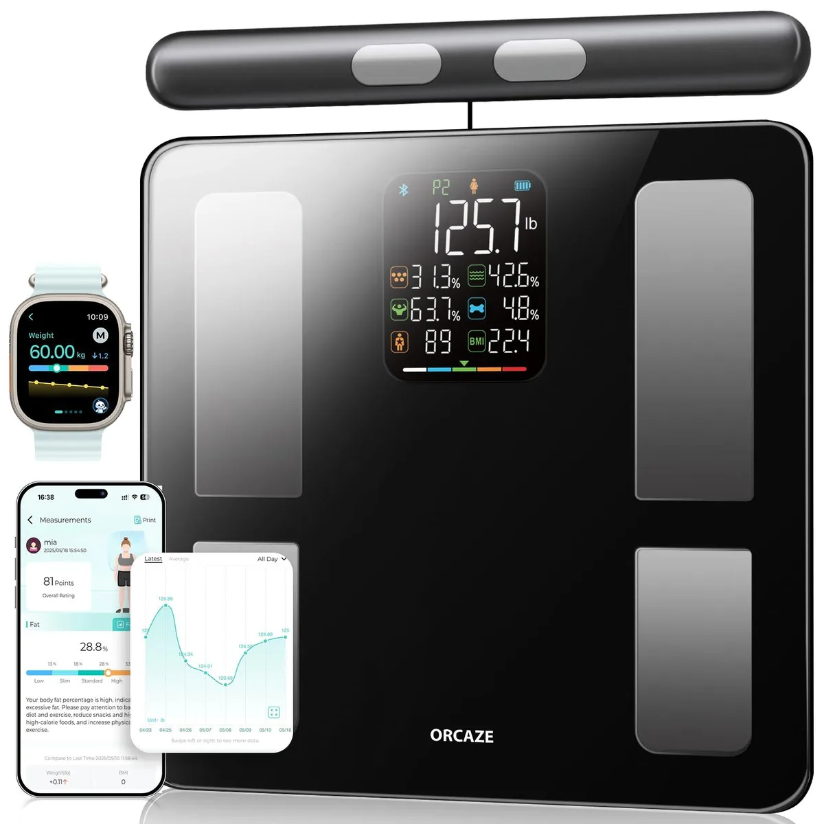 Black rectangular bathroom scale with large LCD display and four metal electrodes on tempered glass platform