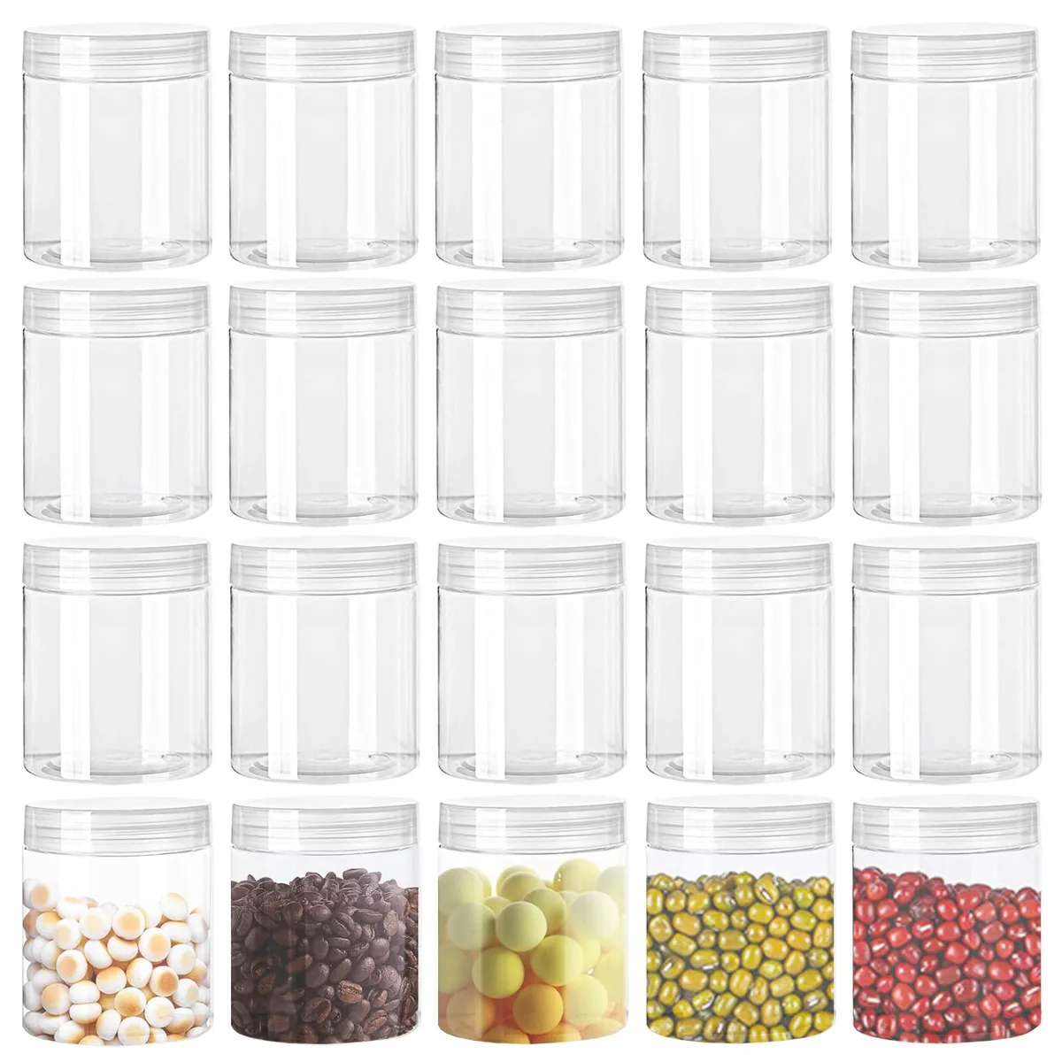 Twenty clear round 4oz plastic jars with screw lids arranged in rows