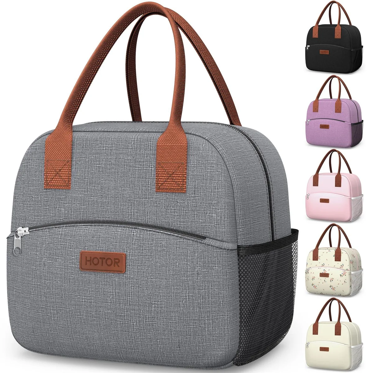 Grey insulated lunch bag with zippered front pocket and side bottle holder