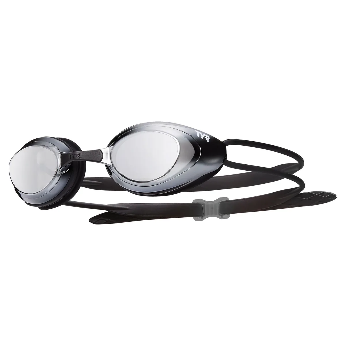 Blue low-profile racing swim goggles with mirrored lenses and silicone gaskets