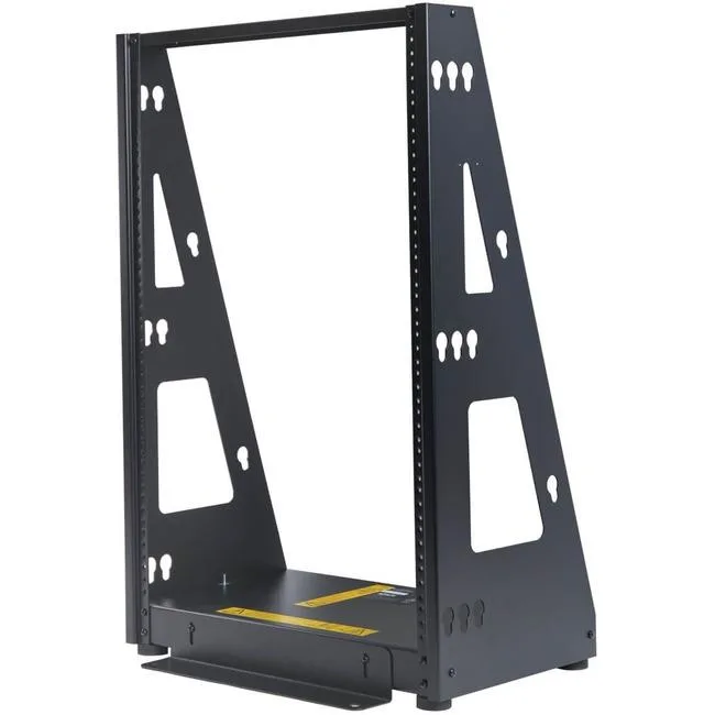 Black powder-coated steel 16U two-post open frame server rack with base and rubber feet
