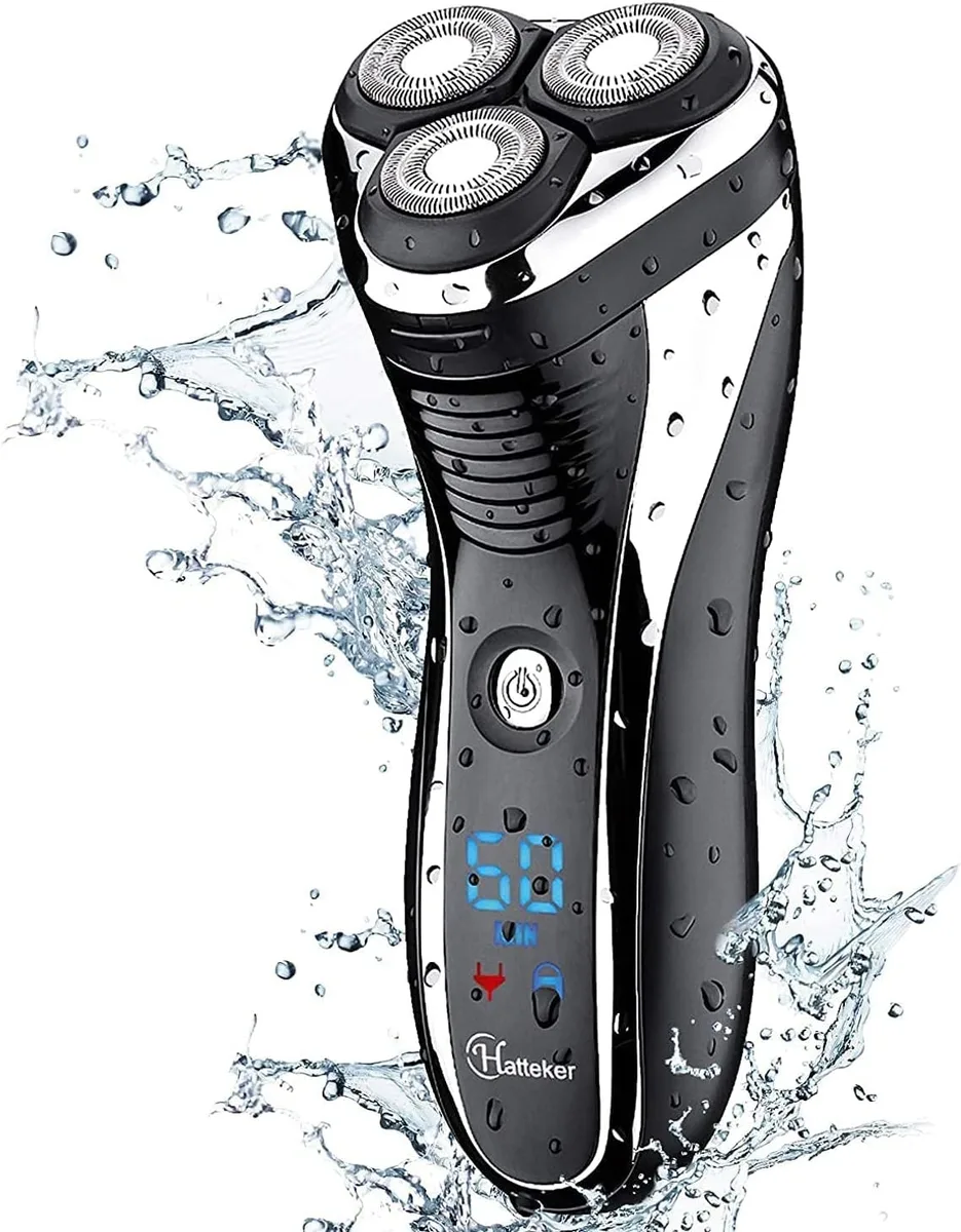 Black rotary electric shaver with pop-up trimmer and LCD display