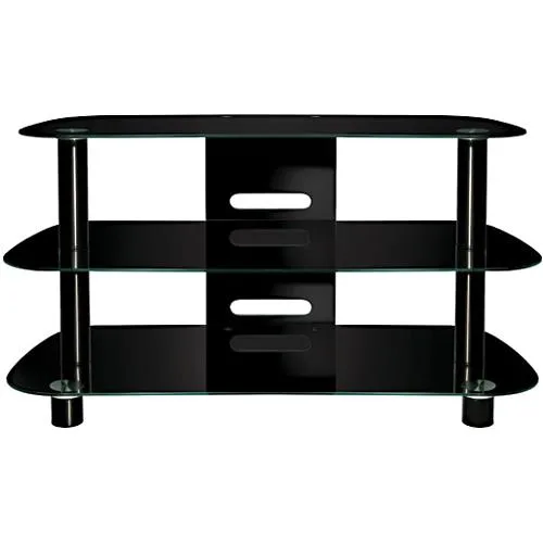 BellO PVS-4215 TV stand with black steel frame and clear glass shelves