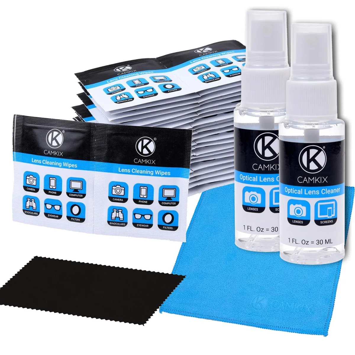 Cleaning kit box with two spray bottles two microfiber cloths and fifty wrapped wipes