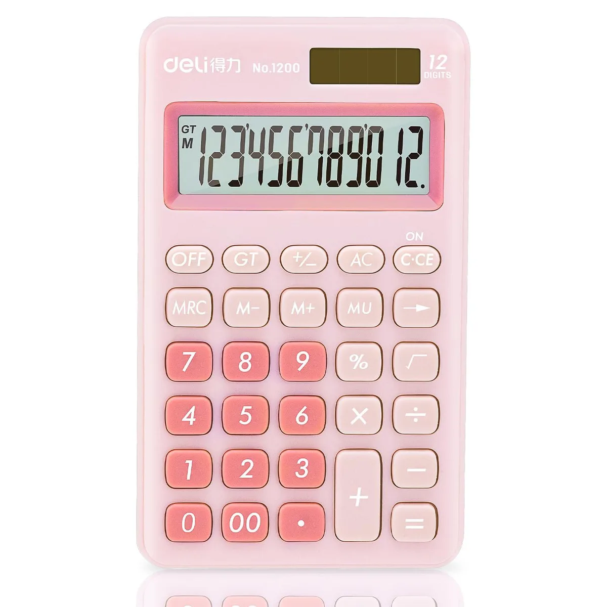 Pink desktop calculator with 12-digit LCD and silicone keys