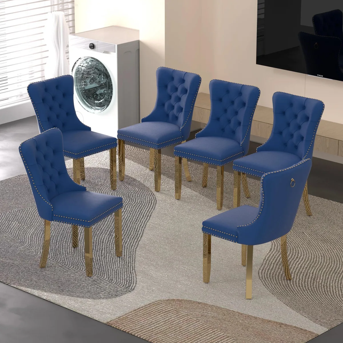 Sumdeal Sumdeal Velvet Dining Chairs Set of 6, Blue with Golden Legs — product photo