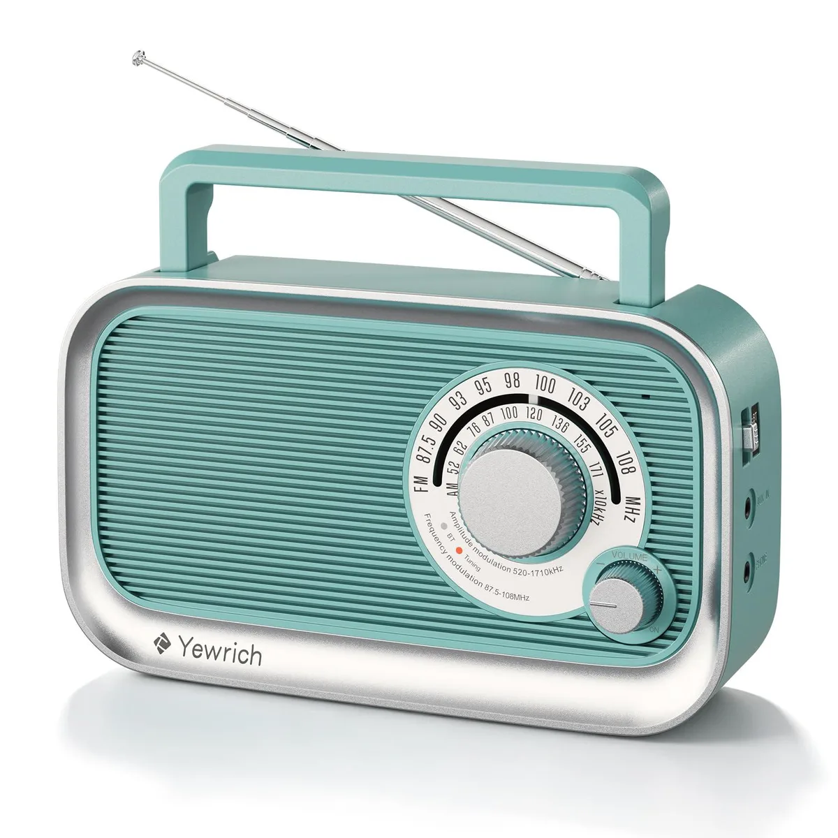  Yewrich Portable AM/FM Radio Bluetooth Battery AC 8.65x2.95x5.03in — product photo