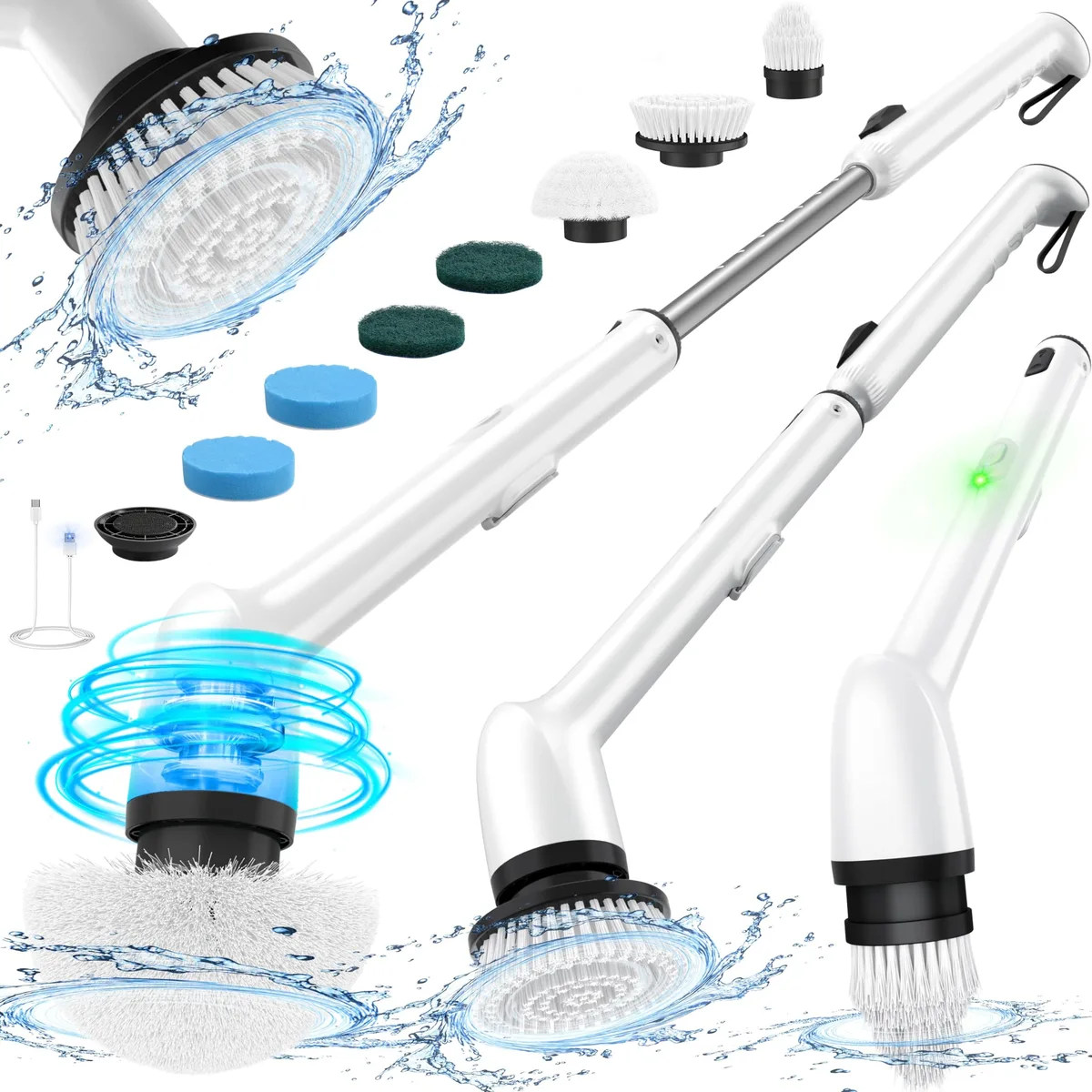 White electric spin scrubber with long telescopic handle and interchangeable brush heads