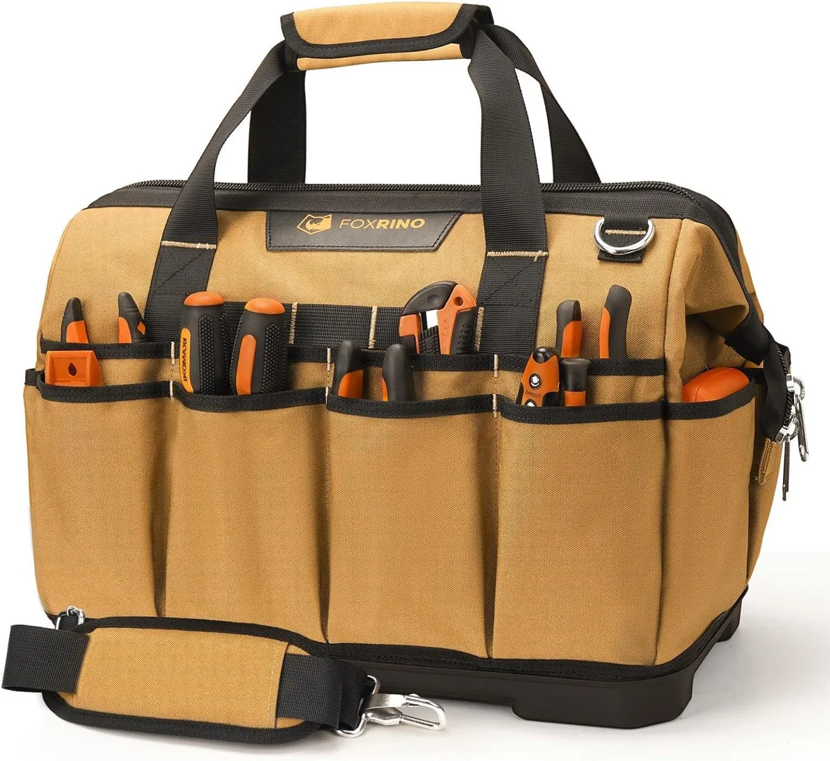 Grey 16 inch wide-mouth tool bag with waterproof moulded base and adjustable shoulder strap